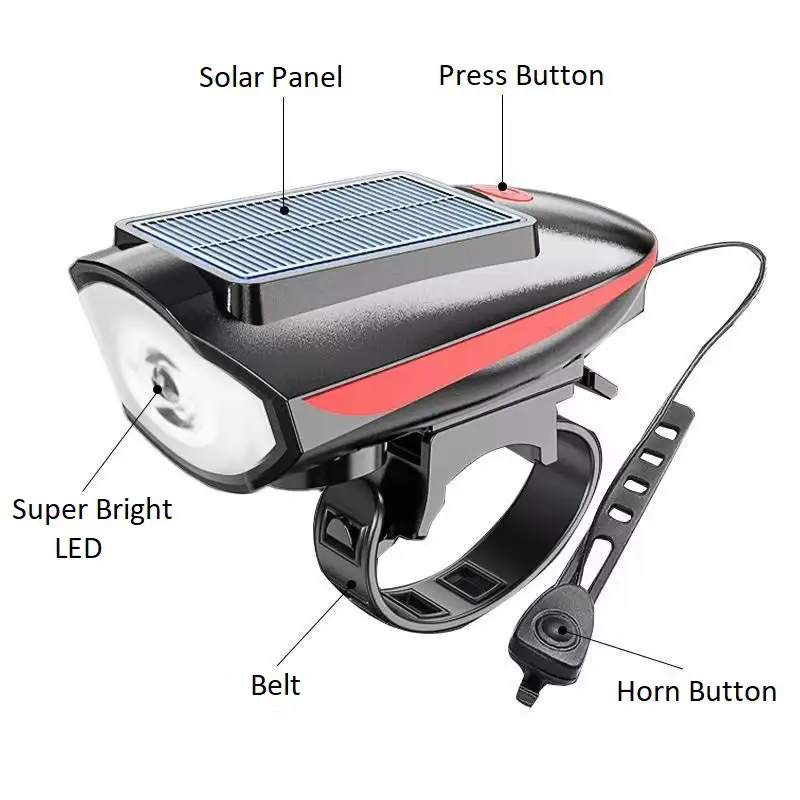 چراغ دوچرخه شارژی خورشیدی به همراه بوق مدل S7599